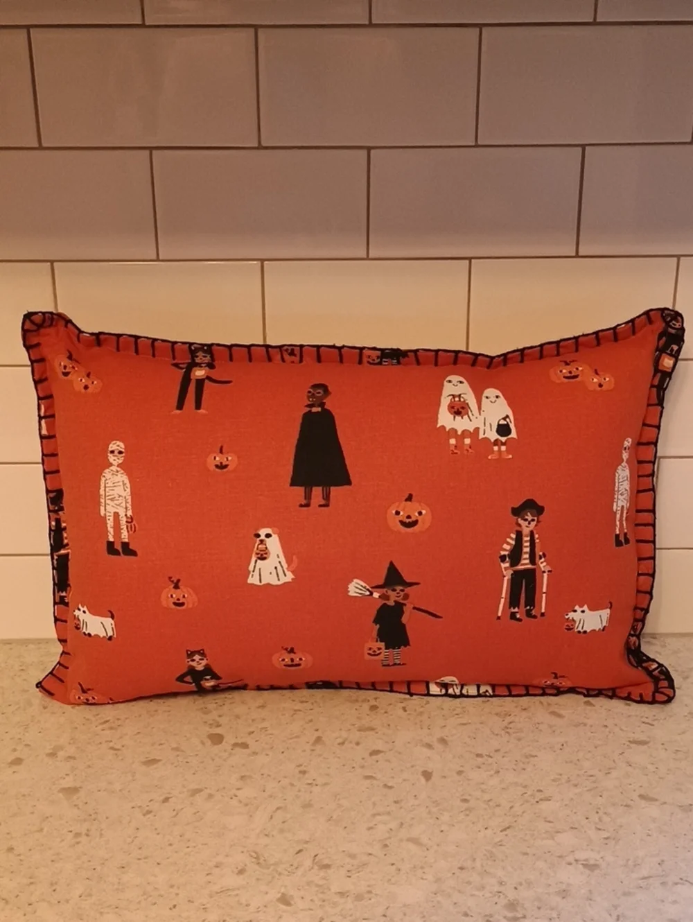Halloween Orange Decorative Pillow with Spooky Character Print